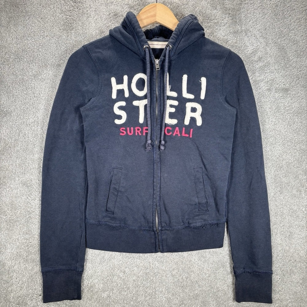Vintage Hollister Hoodie Sweatshirt Womens S Blue Full Zip Embroidered Surf Y2K